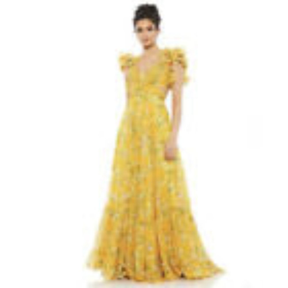 $598 Mac Duggal Size 4 Yellow Ruffle Tiered Floral Cut-Out Chiffon Gown Blogger